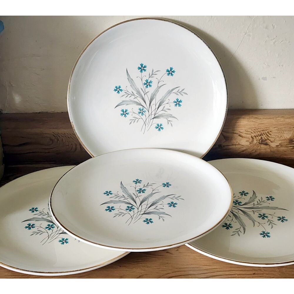 4 SCIO Hampton Dinner Plates Cornflower Teal Turquoise Flower Luncheon 9 inch